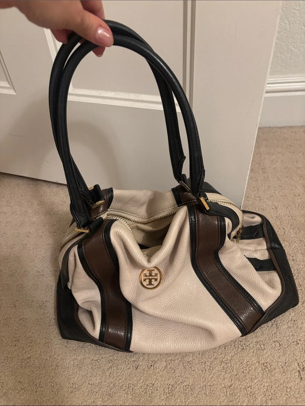 Tory Burch Cream and Brown Pebbled Leather Shoulder Bag with Black Trim